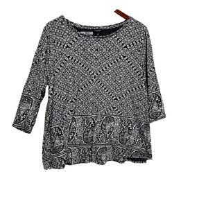 Lucky Brand Womens Boho Peasant Top 1X Black White Paisley Cottage Artsy Folk